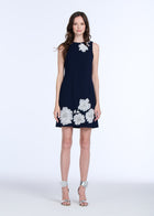 SLEEVELESS STRETCH CREPE DRESS WITH FLOWER APPLIQUE BLACK/IVORY