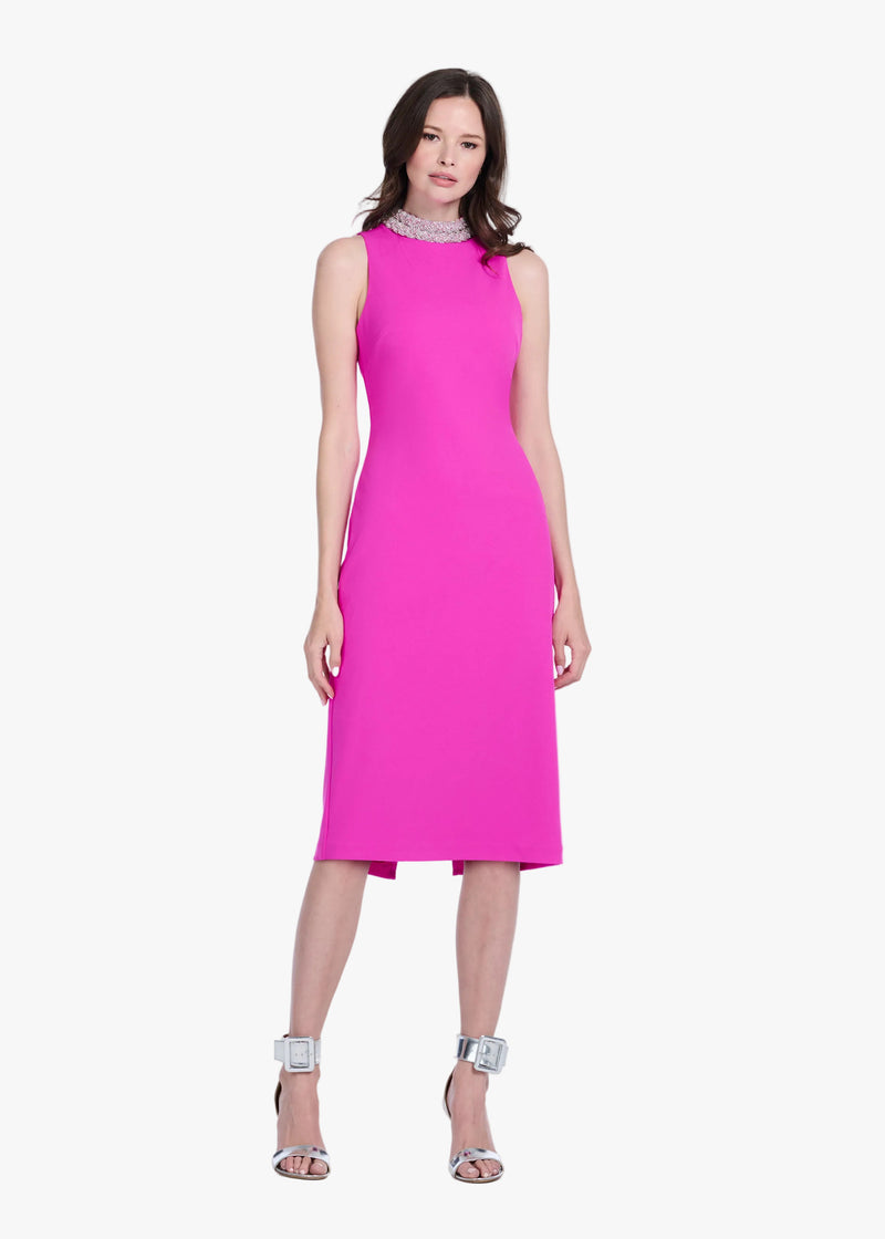 BRAIDED CRYSTAL MOCK NECK MIDI DRESS HOT PINK