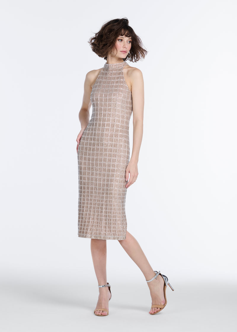 WINDOWPANE SEQUIN MOCK-NECK DRESS BLUSH