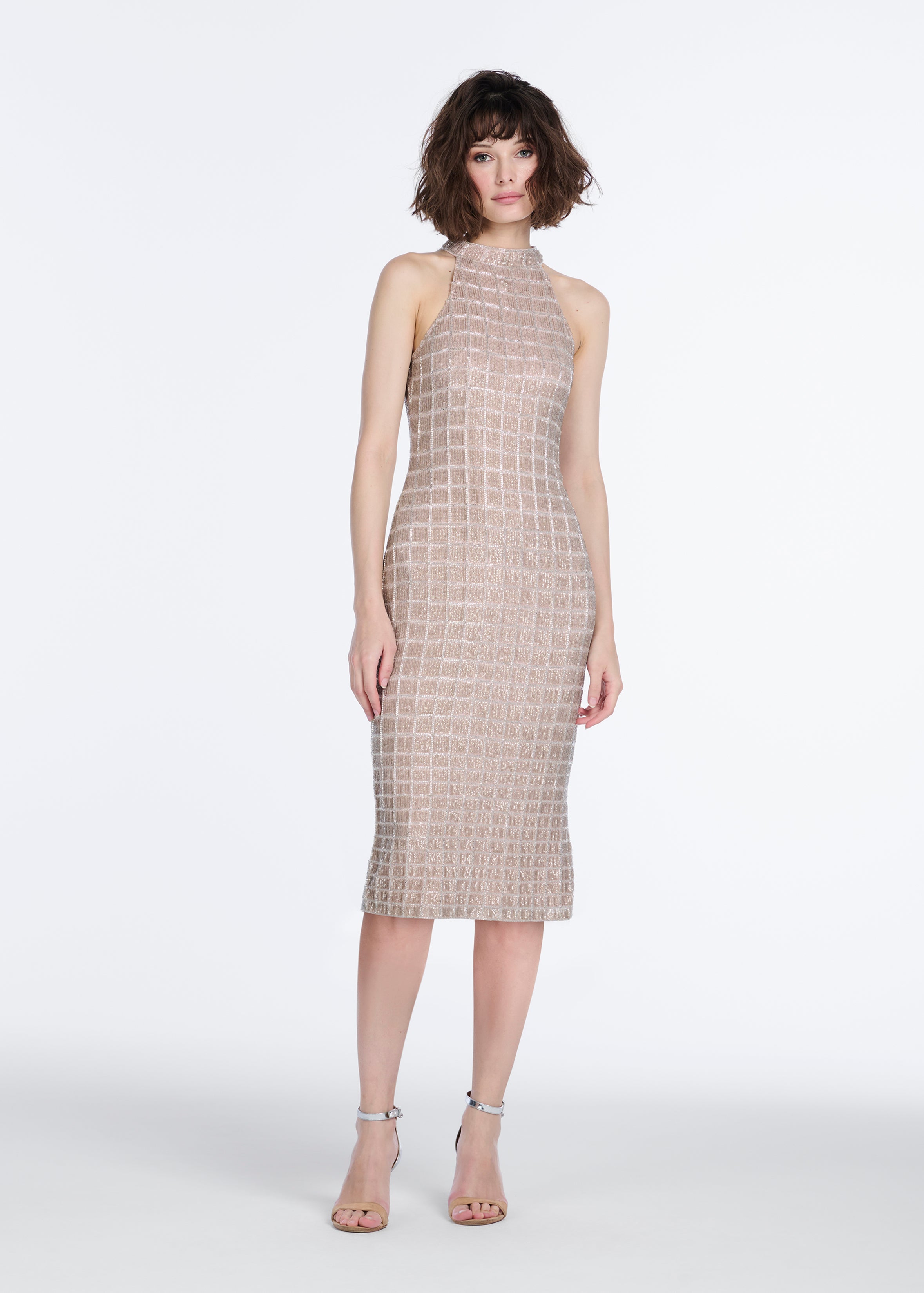 Windowpane Sequin Mock-Neck Dress Blush