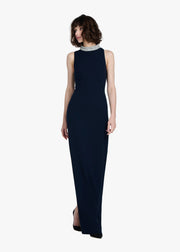 BRAIDED CRYSTAL MOCK NECK STRETCH CREPE GOWN MIDNIGHT