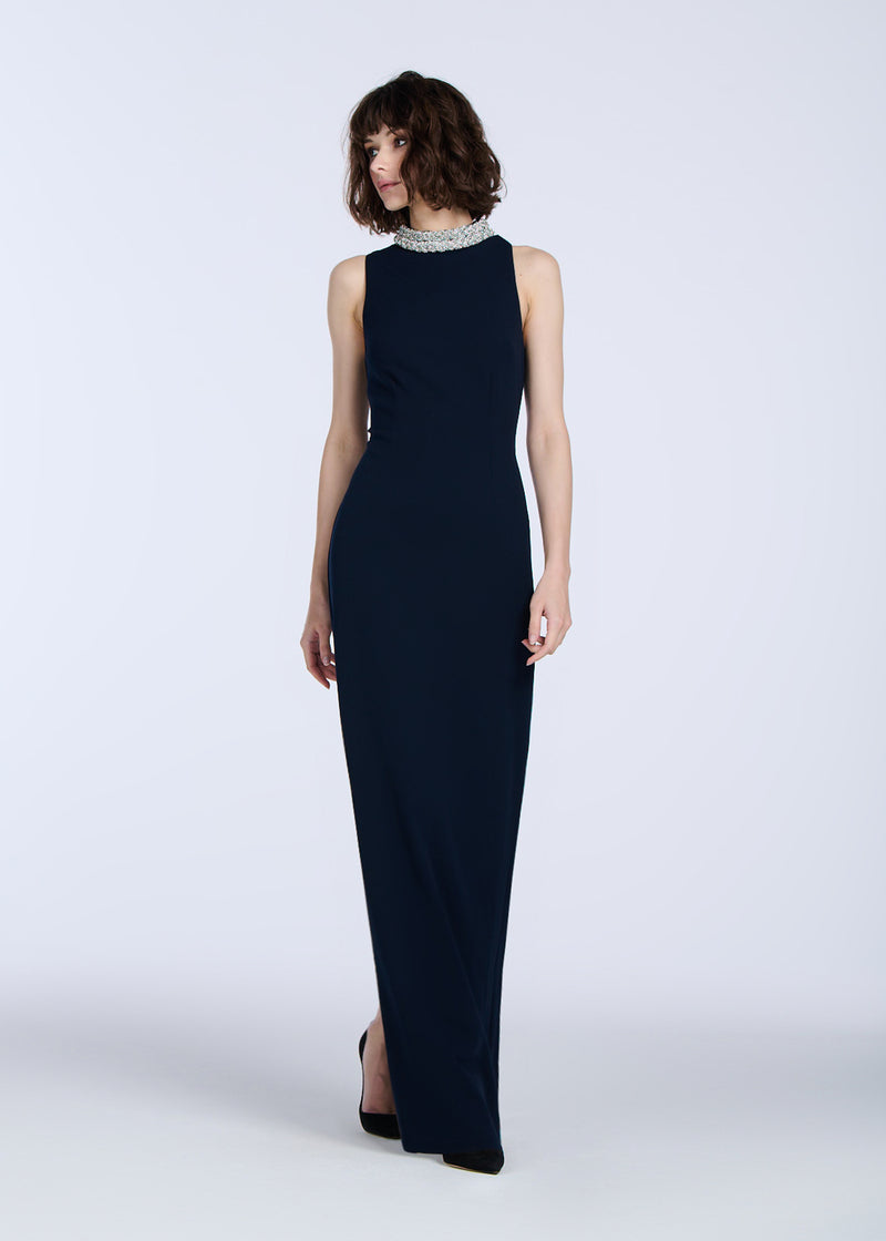 BRAIDED NECK STRETCH CREPE GOWN MIDNIGHT