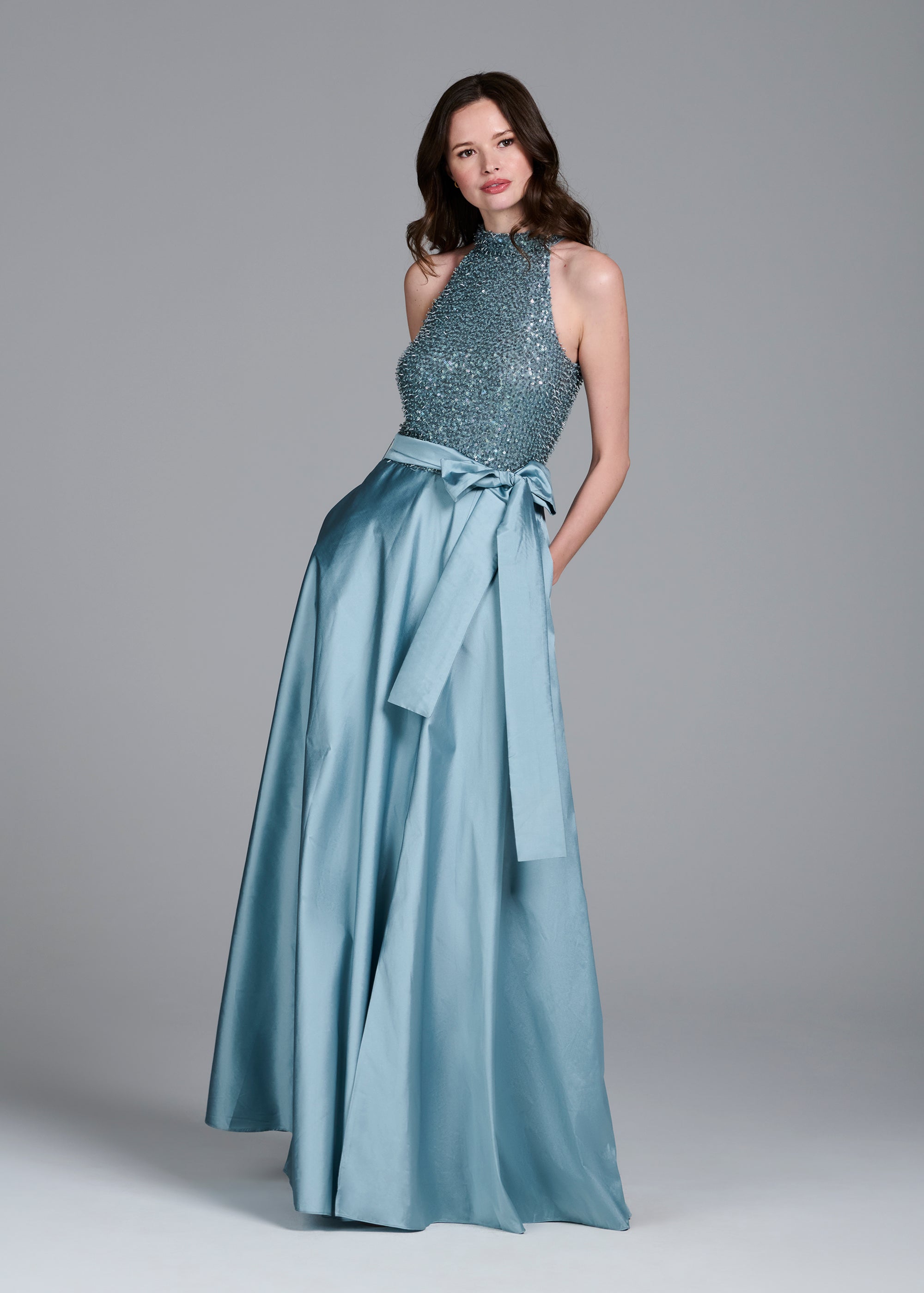 GLASS STRETCH BEAD MOCK NECK GOWN WITH TAFFETA SKIRT LIGHT BLUE | Emily Shalant GLASS STRETCH BEAD MOCK NECK GOWN WITH TAFFETA SKIRT LIGHT BLUE | Emily Shalant