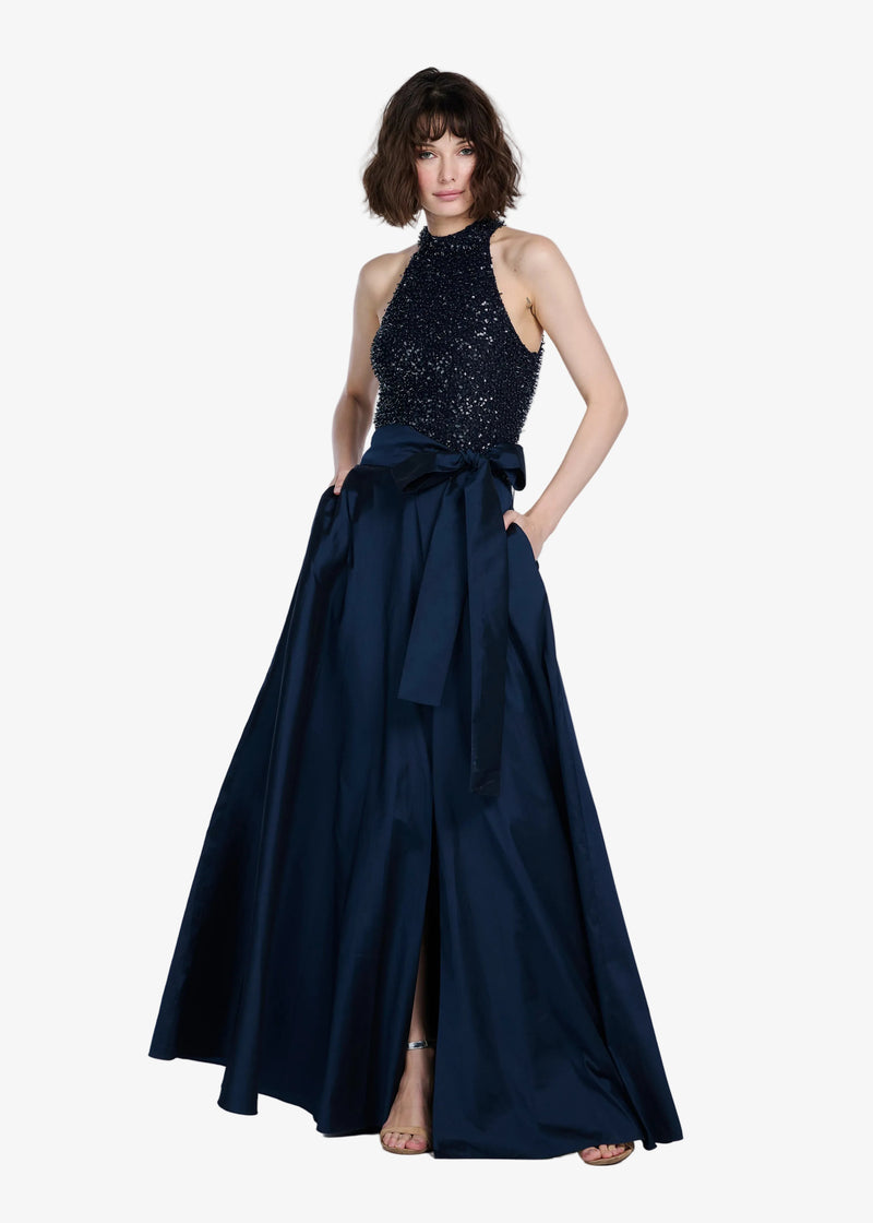 STRETCH GLASS BEADED MOCK NECK GOWN WITH TAFFETA SKIRT NAVY