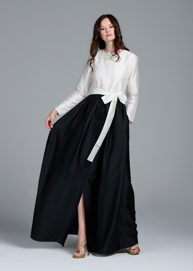 TAFFETA PRINCESS GOWN WITH CRYSTAL BOW COLOR BLOCKED IVORY & BLACK