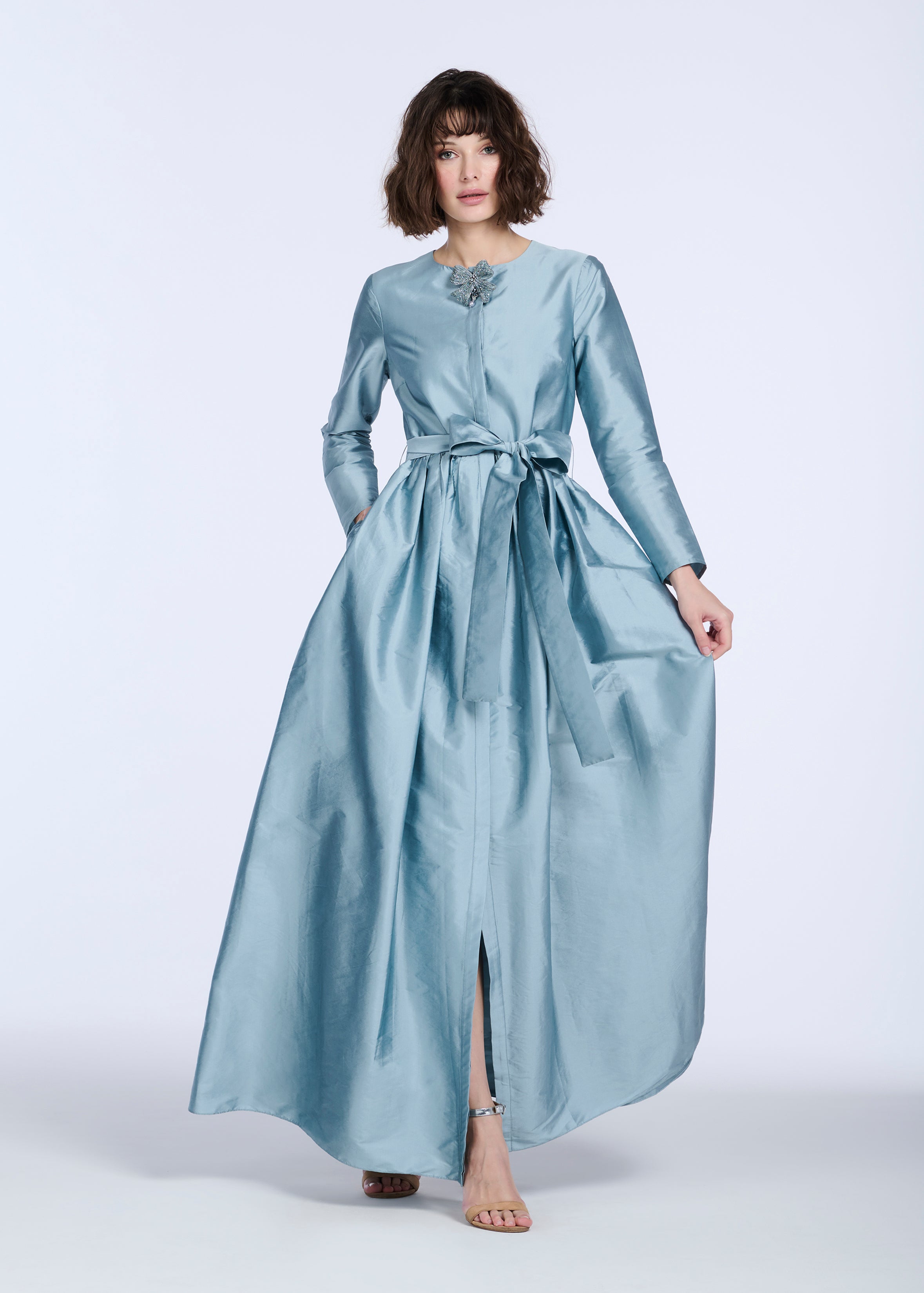 TAFFETA PRINCESS GOWN WITH CRYSTAL BOW LIGHT BLUE