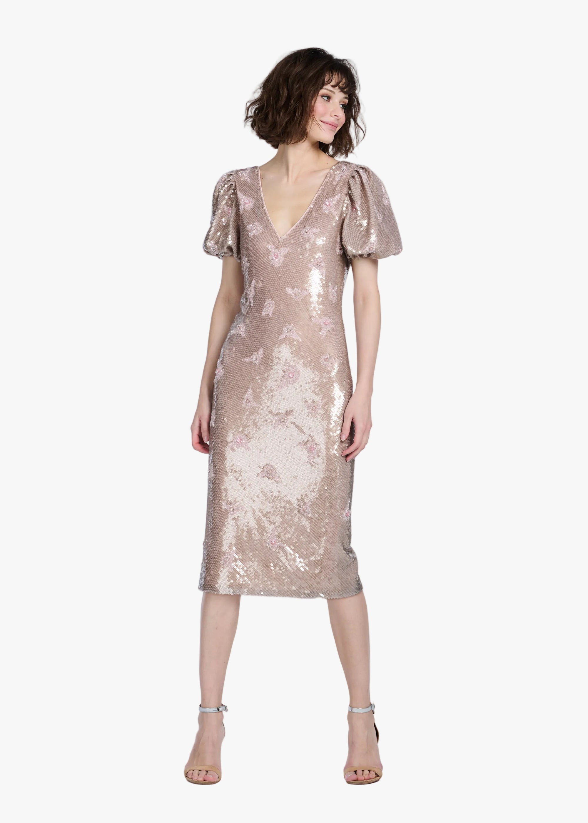 STRETCH SEQUIN FLORAL PUFF SLEEVE MIDI DRESS BLUSH