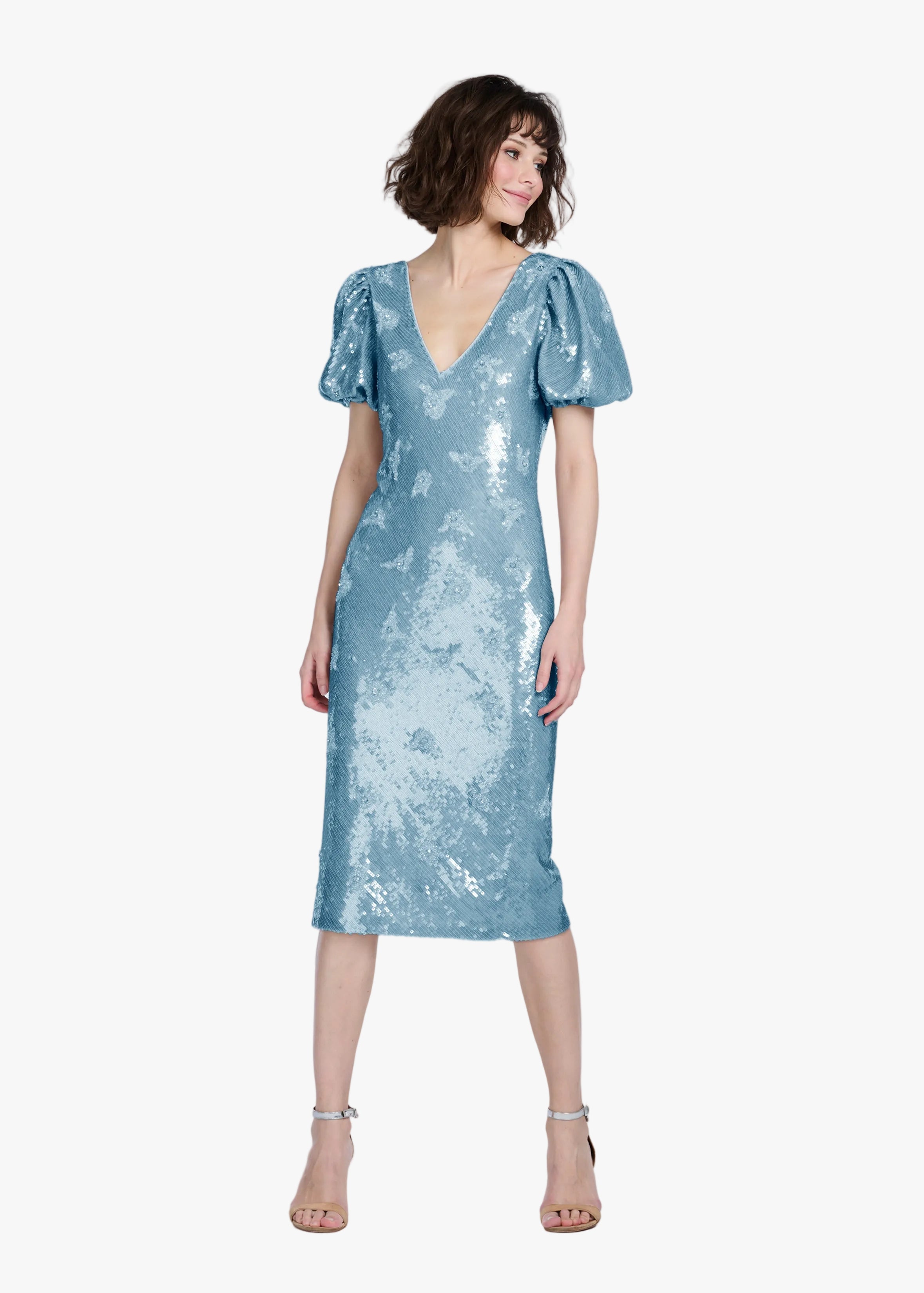 STRETCH SEQUIN FLORAL PUFF SLEEVE MIDI DRESS LIGHT BLUE