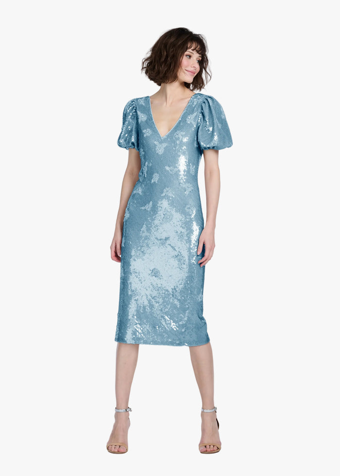 STRETCH SEQUIN FLORAL PUFF SLEEVE MIDI DRESS LIGHT BLUE