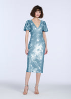 STRETCH SEQUIN FLORAL PUFF SLEEVE MIDI DRESS LIGHT BLUE