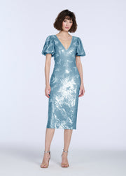 STRETCH SEQUIN FLORAL PUFF SLEEVE MIDI DRESS LIGHT BLUE