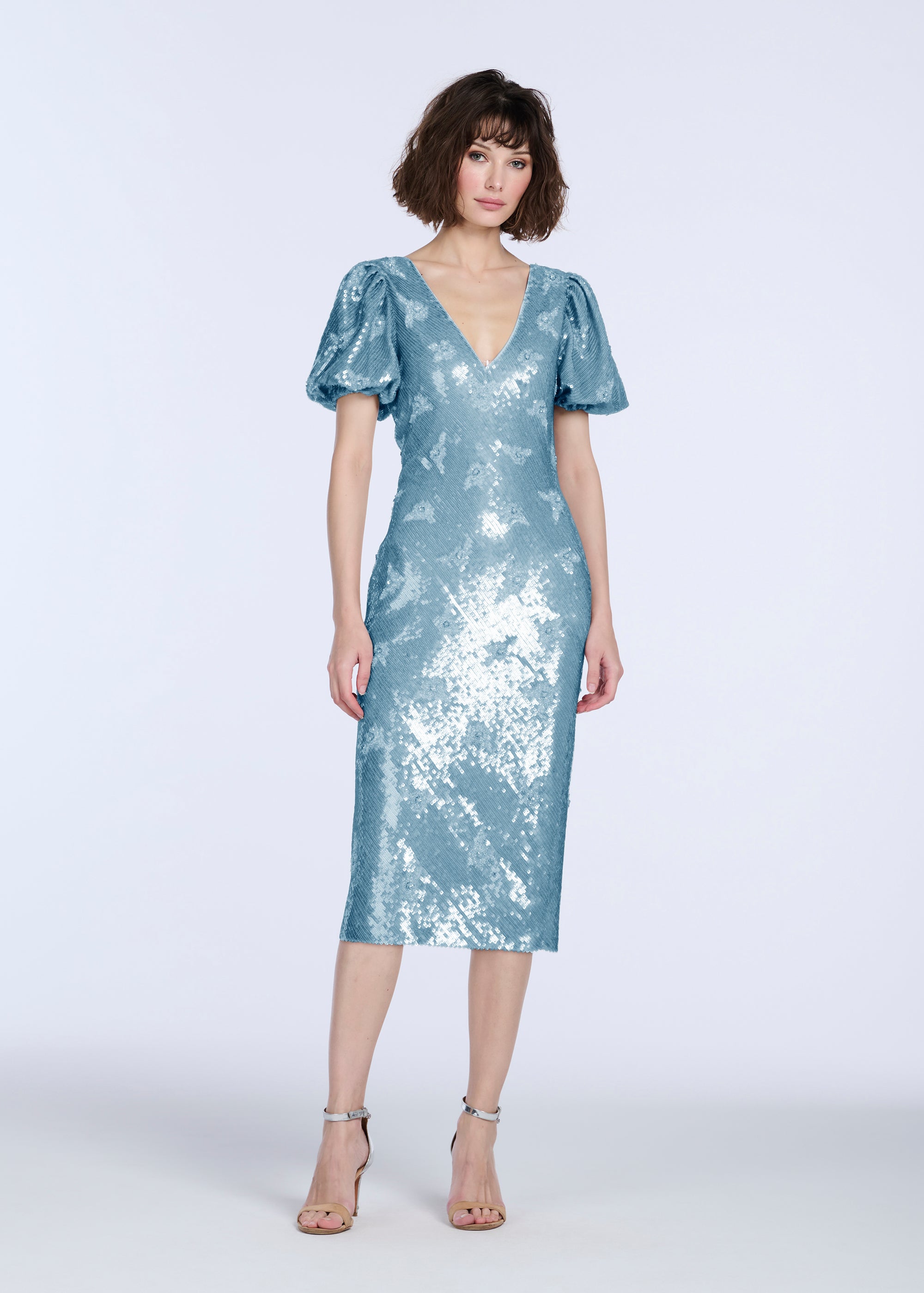 STRETCH SEQUIN FLORAL PUFF SLEEVE MIDI DRESS LIGHT BLUE