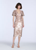 STRETCH SEQUIN FLORAL PUFF SLEEVE MIDI DRESS BLUSH