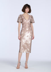 STRETCH SEQUIN FLORAL PUFF SLEEVE MIDI DRESS BLUSH