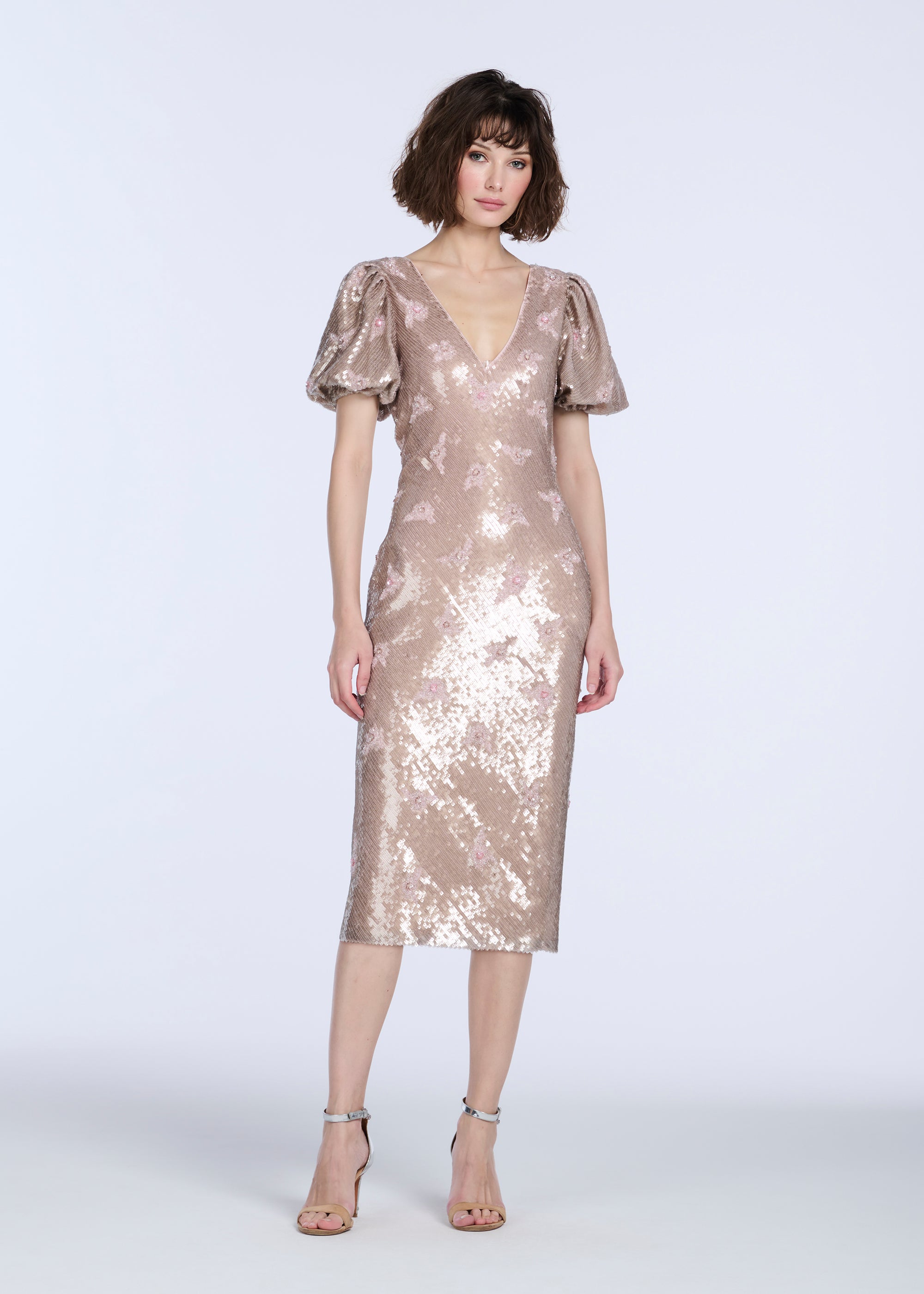 STRETCH SEQUIN FLORAL PUFF SLEEVE MIDI DRESS BLUSH