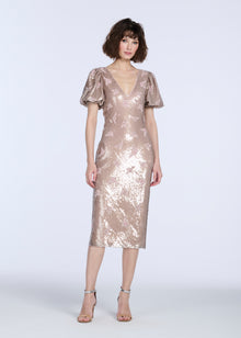 STRETCH SEQUIN FLORAL PUFF SLEEVE MIDI DRESS BLUSH
