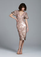 STRETCH SEQUIN FLORAL PUFF SLEEVE MIDI DRESS BLUSH