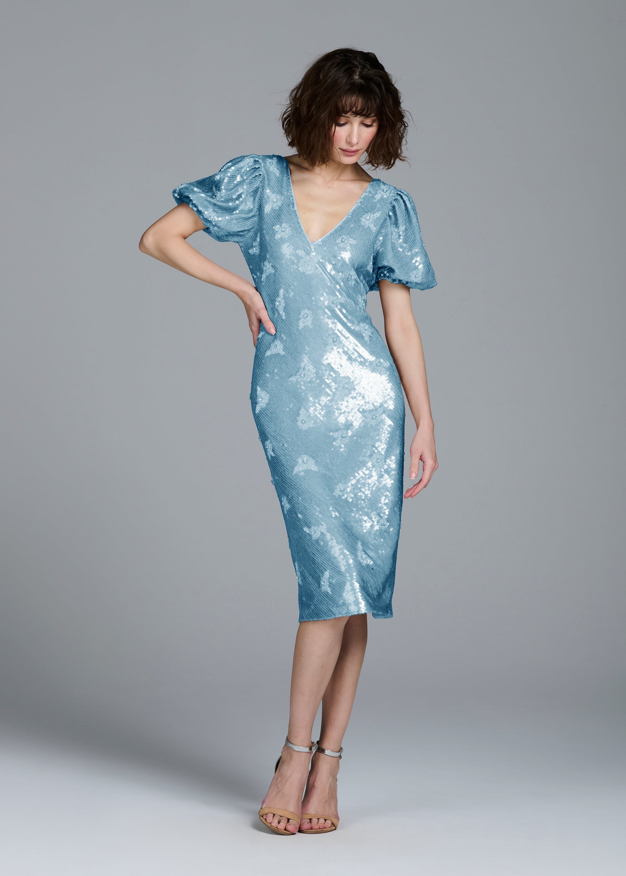 STRETCH SEQUIN FLORAL PUFF SLEEVE MIDI DRESS LIGHT BLUE | Emily Shalant STRETCH SEQUIN FLORAL PUFF SLEEVE MIDI DRESS LIGHT BLUE | Emily Shalant