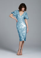 STRETCH SEQUIN FLORAL PUFF SLEEVE MIDI DRESS LIGHT BLUE