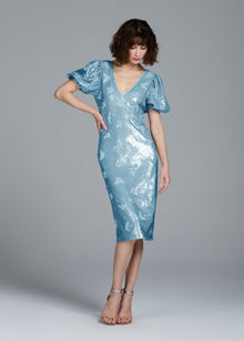 STRETCH SEQUIN FLORAL PUFF SLEEVE MIDI DRESS LIGHT BLUE