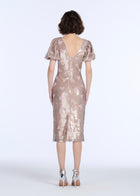 STRETCH SEQUIN FLORAL PUFF SLEEVE MIDI DRESS BLUSH
