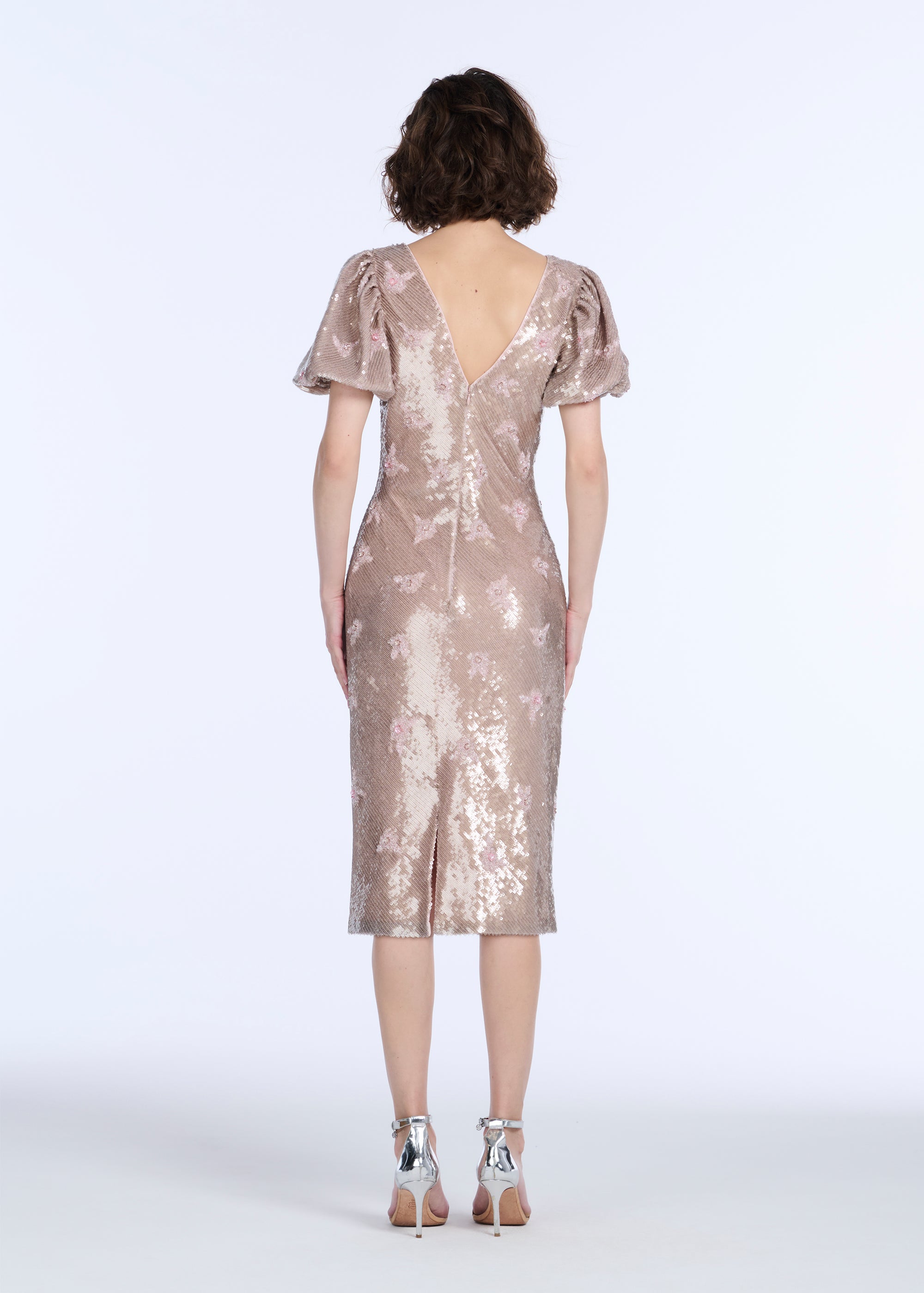 STRETCH SEQUIN FLORAL PUFF SLEEVE MIDI DRESS BLUSH
