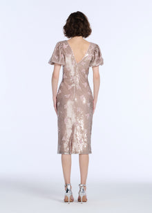 STRETCH SEQUIN FLORAL PUFF SLEEVE MIDI DRESS BLUSH