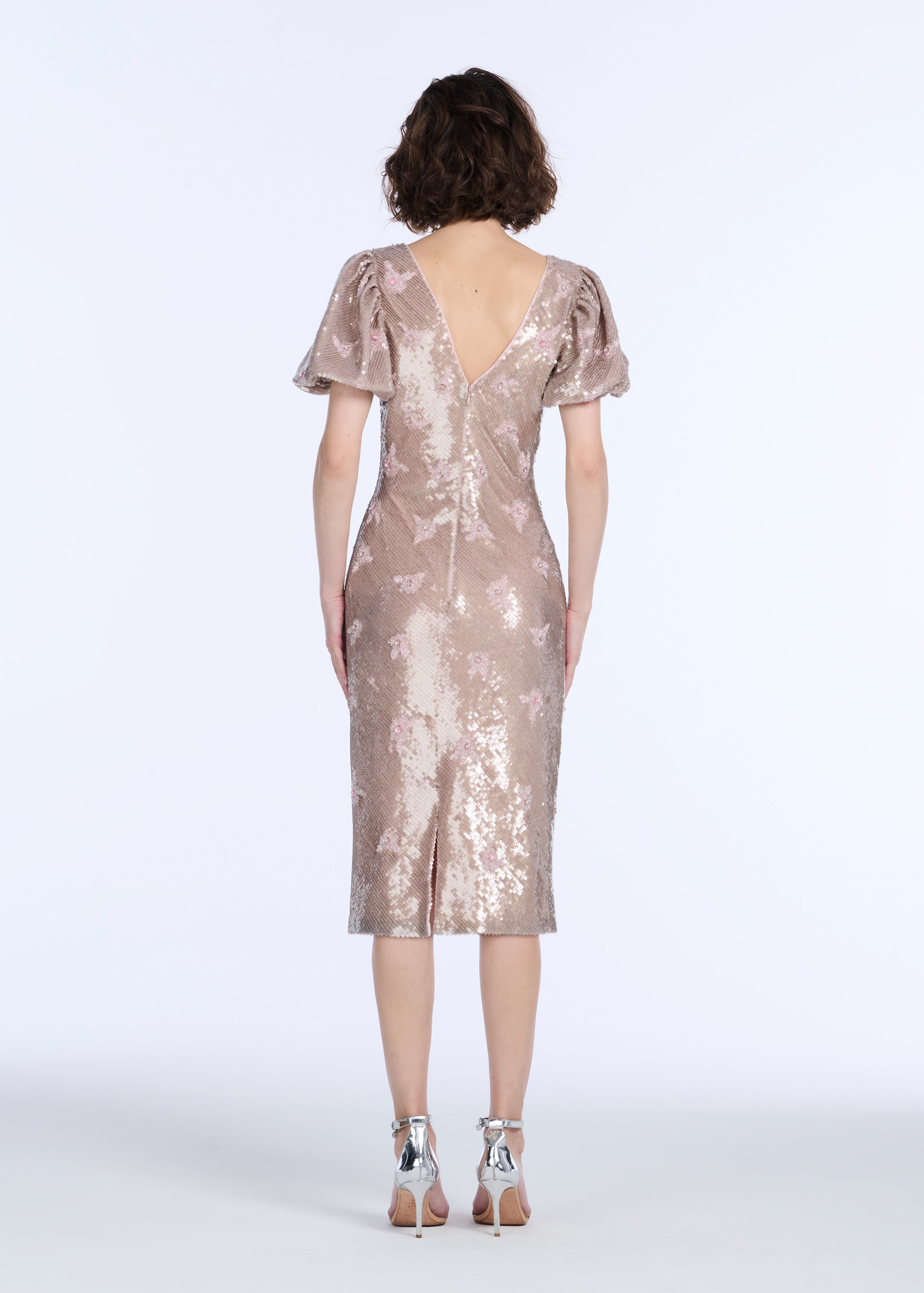STRETCH SEQUIN FLORAL PUFF SLEEVE MIDI DRESS BLUSH