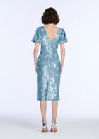 STRETCH SEQUIN FLORAL PUFF SLEEVE MIDI DRESS LIGHT BLUE