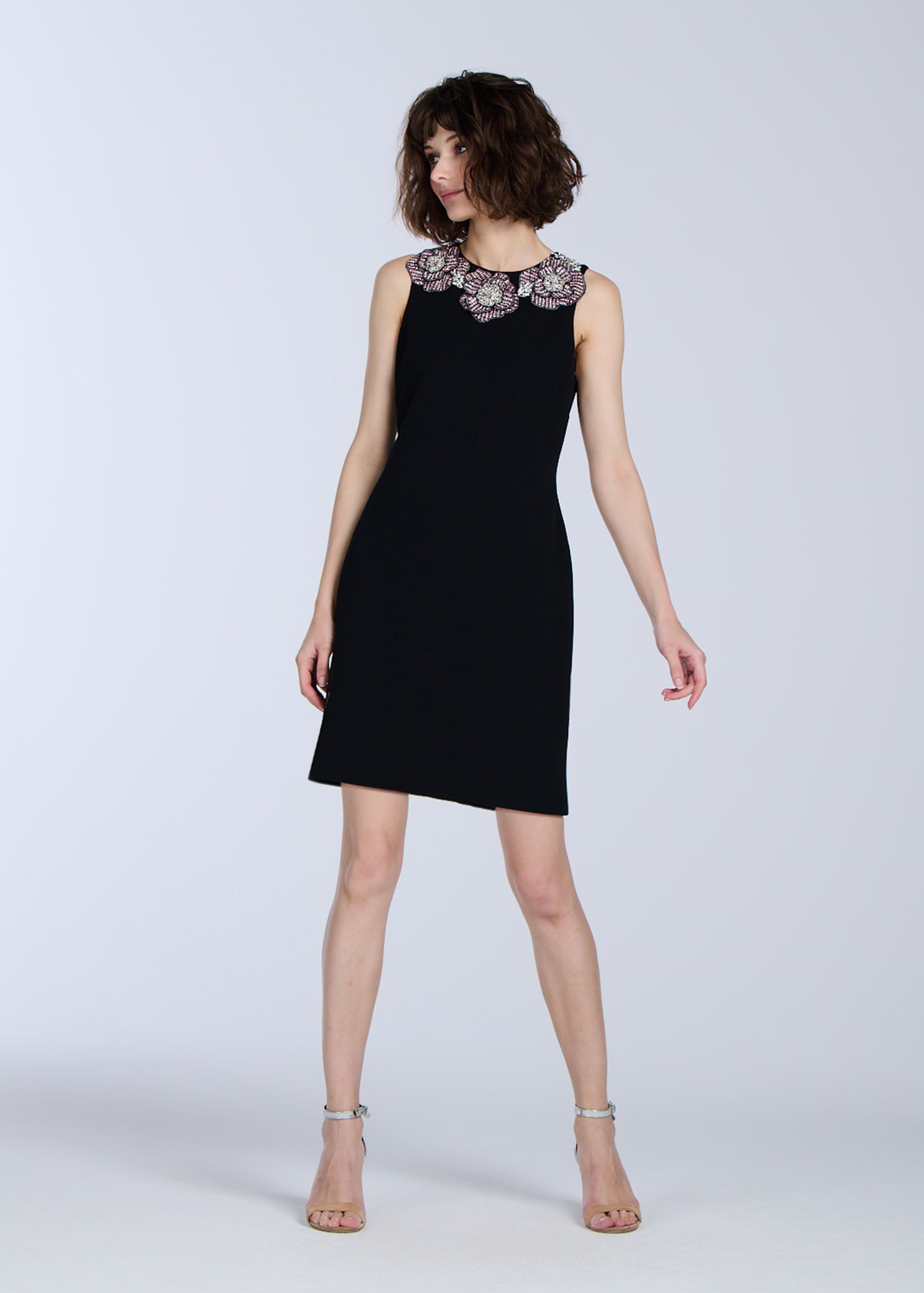 black shift dress Crystal Floral Neck Shift Dress Black