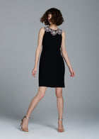 CRYSTAL FLORAL NECK SHIFT DRESS BLACK