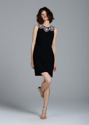 CRYSTAL FLORAL NECK SHIFT DRESS TOMATO