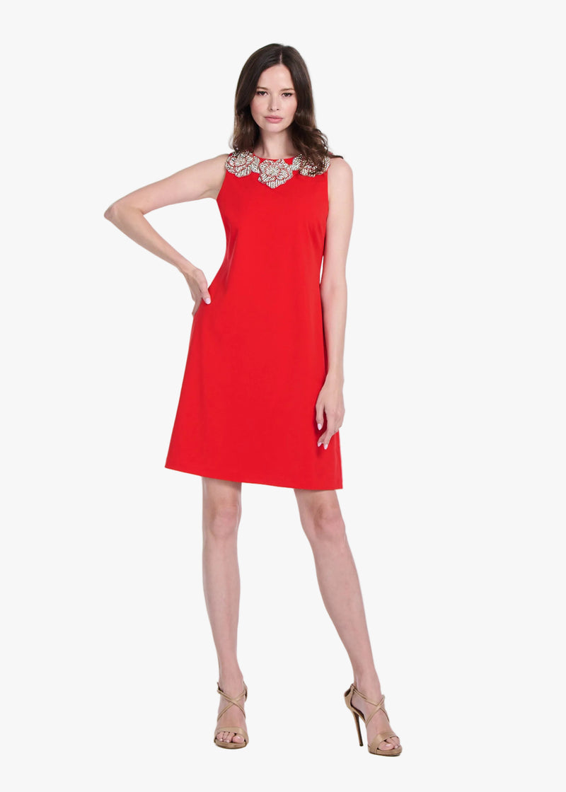 CRYSTAL FLORAL NECK SHIFT DRESS TOMATO