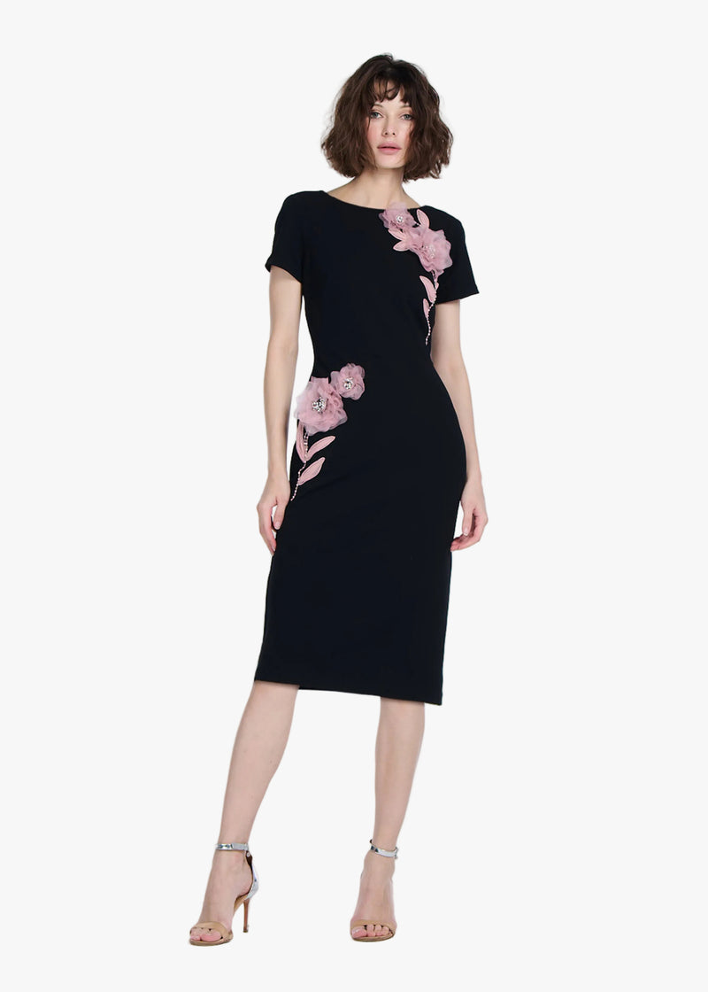 STRETCH CREPE ORGANZA CRYSTAL FLOWER APPLIQUE MIDI DRESS BLACK