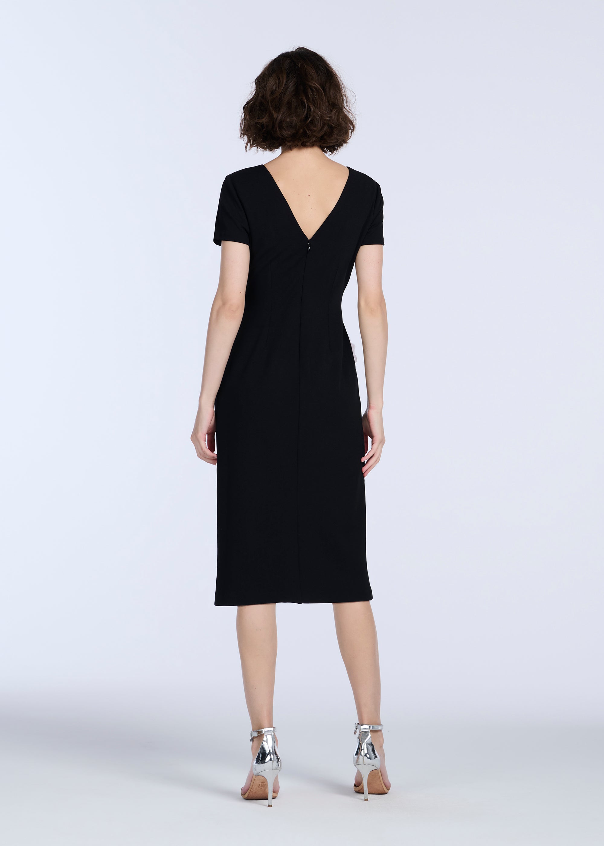 STRETCH CREPE ORGANZA CRYSTAL FLOWER APPLIQUE MIDI DRESS BLACK