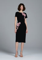 STRETCH CREPE ORGANZA CRYSTAL FLOWER APPLIQUE MIDI DRESS BLACK