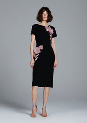 STRETCH CREPE ORGANZA CRYSTAL FLOWER APPLIQUE MIDI DRESS BLACK