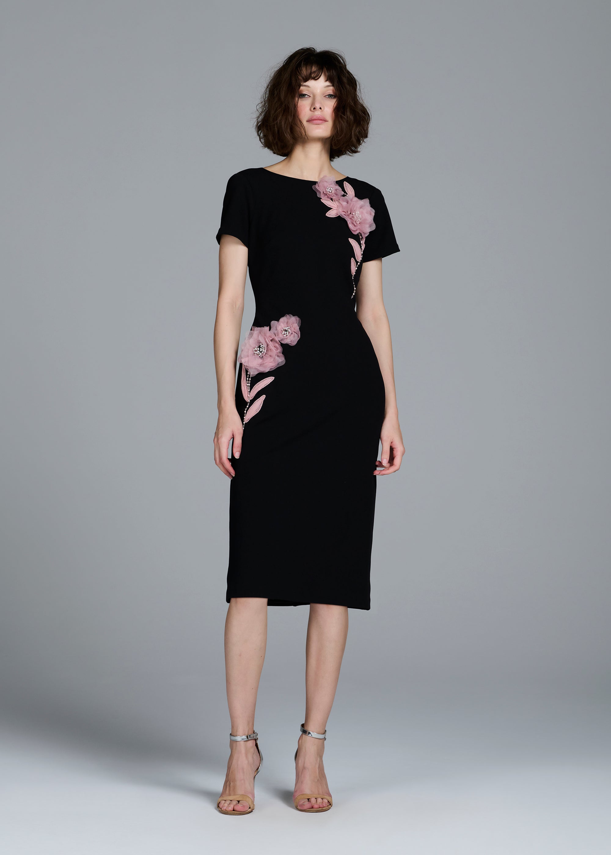 STRETCH CREPE ORGANZA CRYSTAL FLOWER APPLIQUE MIDI DRESS BLACK
