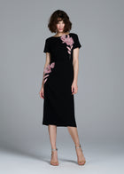 STRETCH CREPE ORGANZA CRYSTAL FLOWER APPLIQUE MIDI DRESS BLACK