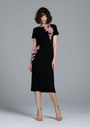 STRETCH CREPE ORGANZA CRYSTAL FLOWER APPLIQUE MIDI DRESS BLACK