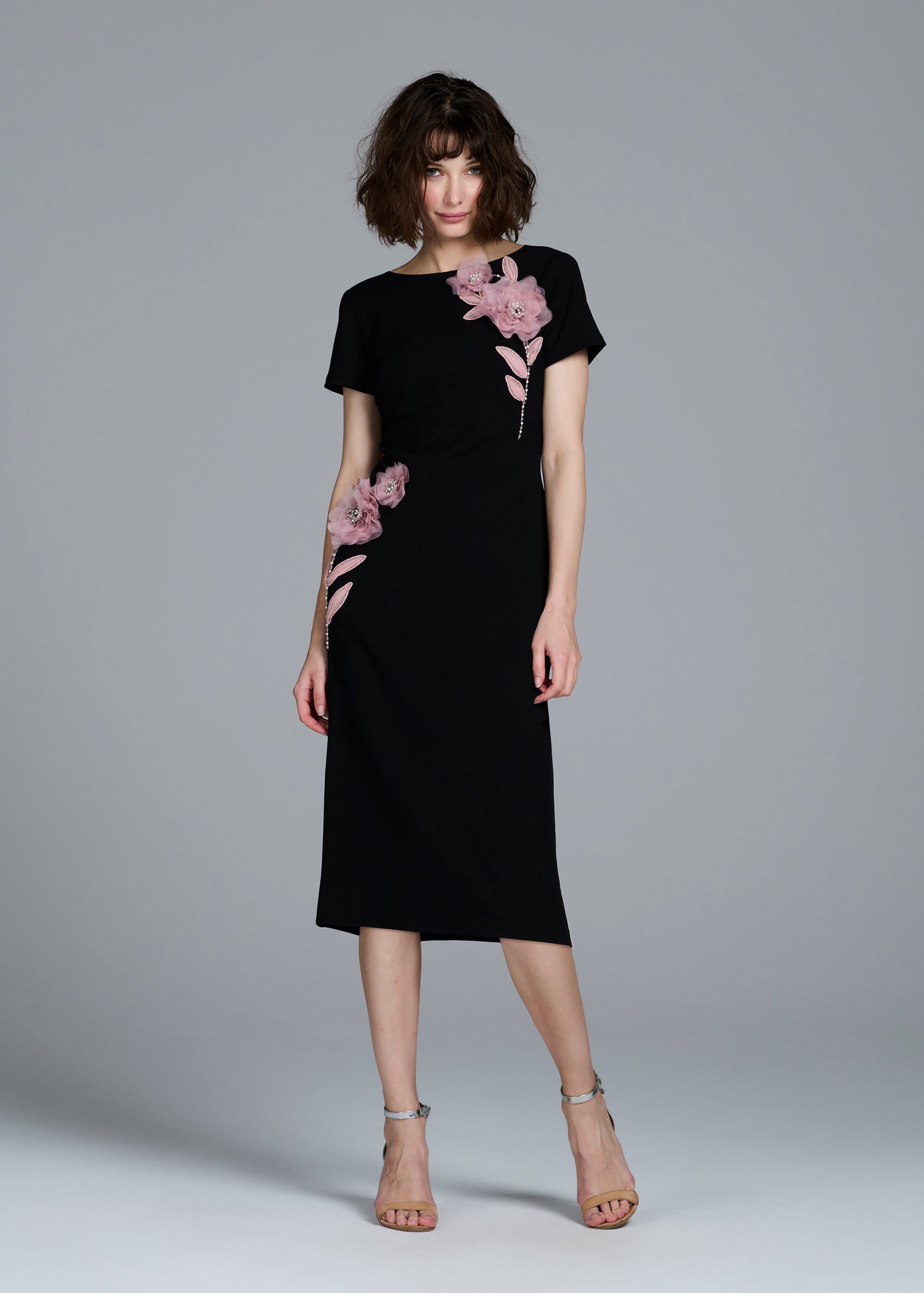 STRETCH CREPE ORGANZA CRYSTAL FLOWER APPLIQUE MIDI DRESS BLACK