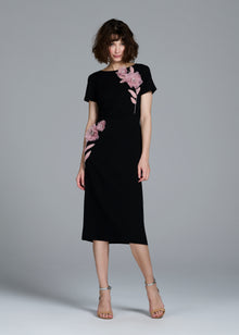 STRETCH CREPE ORGANZA CRYSTAL FLOWER APPLIQUE MIDI DRESS BLACK