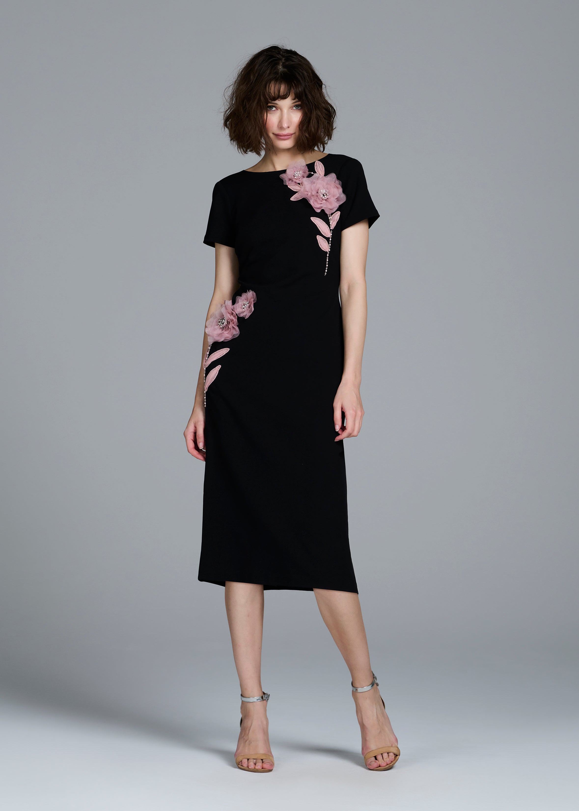 STRETCH CREPE ORGANZA CRYSTAL FLOWER APPLIQUE MIDI DRESS BLACK