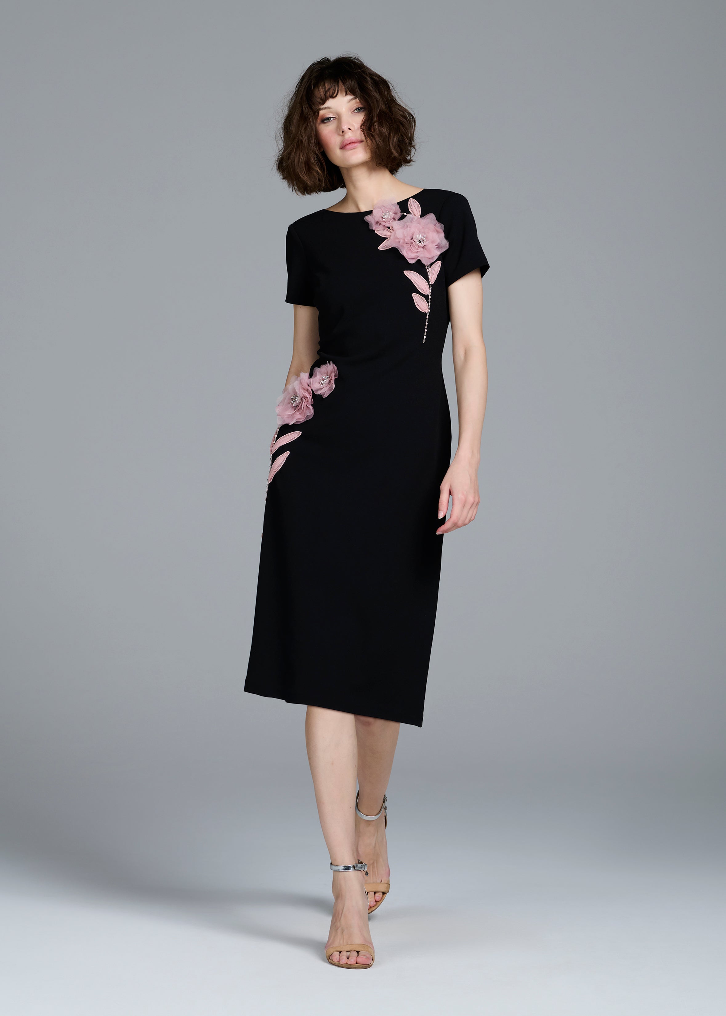 STRETCH CREPE ORGANZA CRYSTAL FLOWER APPLIQUE MIDI DRESS BLACK