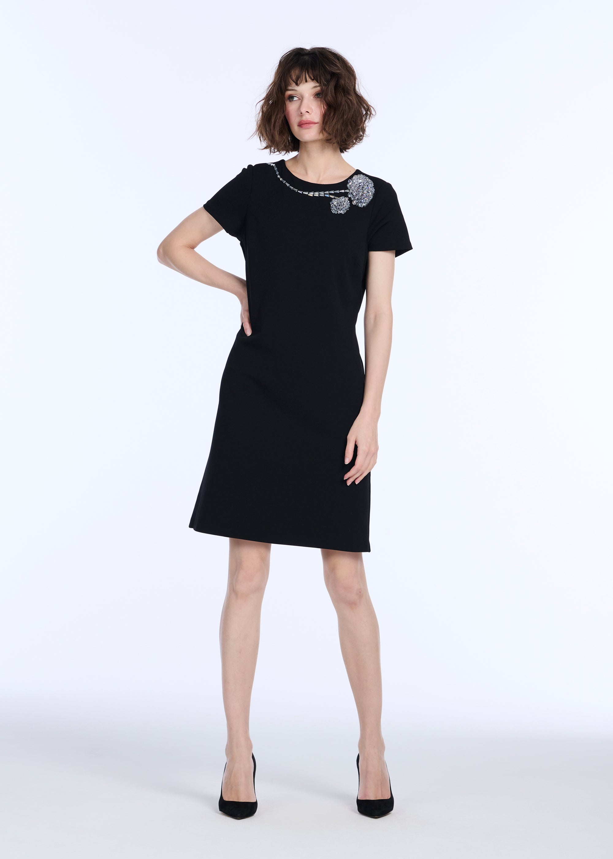 Stretch Crepe Short Sleeve Cocktail Dress with Crystal Peony Hot Pink - 8 / Hot Pink Stretch Crepe Short Sleeve Cocktail Dress with Crystal Peony Hot Pink - 8 / Hot Pink