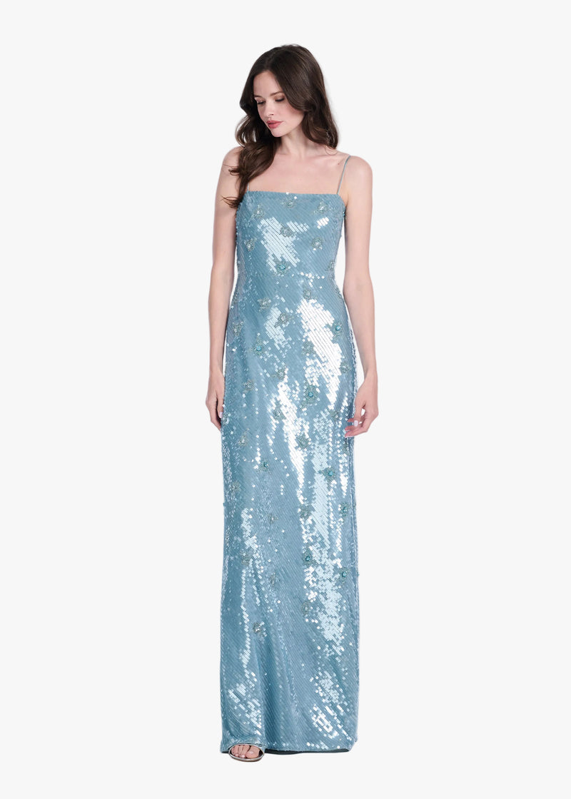BIAS SEQUIN COLUMN GOWN W GLASS BEADED FLOWERS LIGHT BLUE