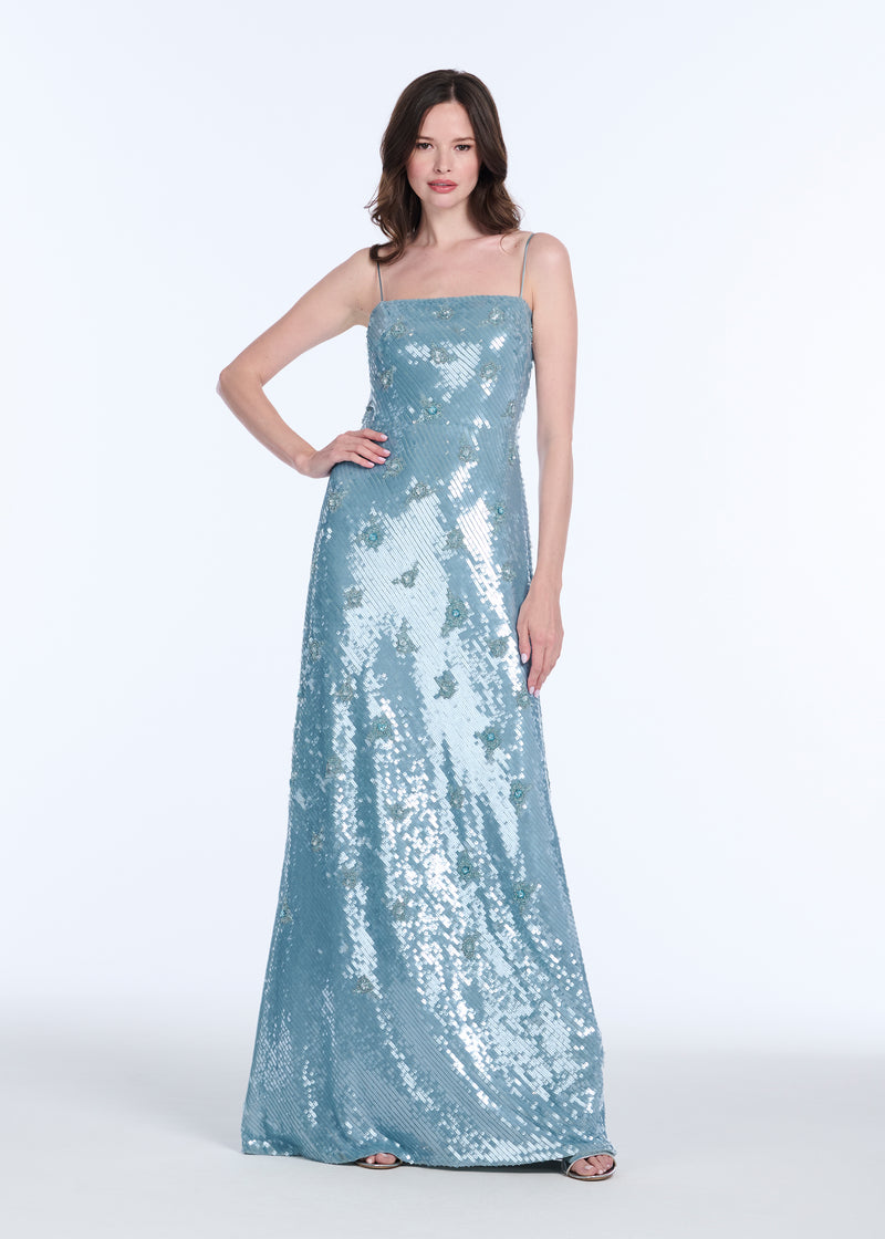 BIAS SEQUIN COLUMN GOWN W GLASS BEADED FLOWERS LIGHT BLUE