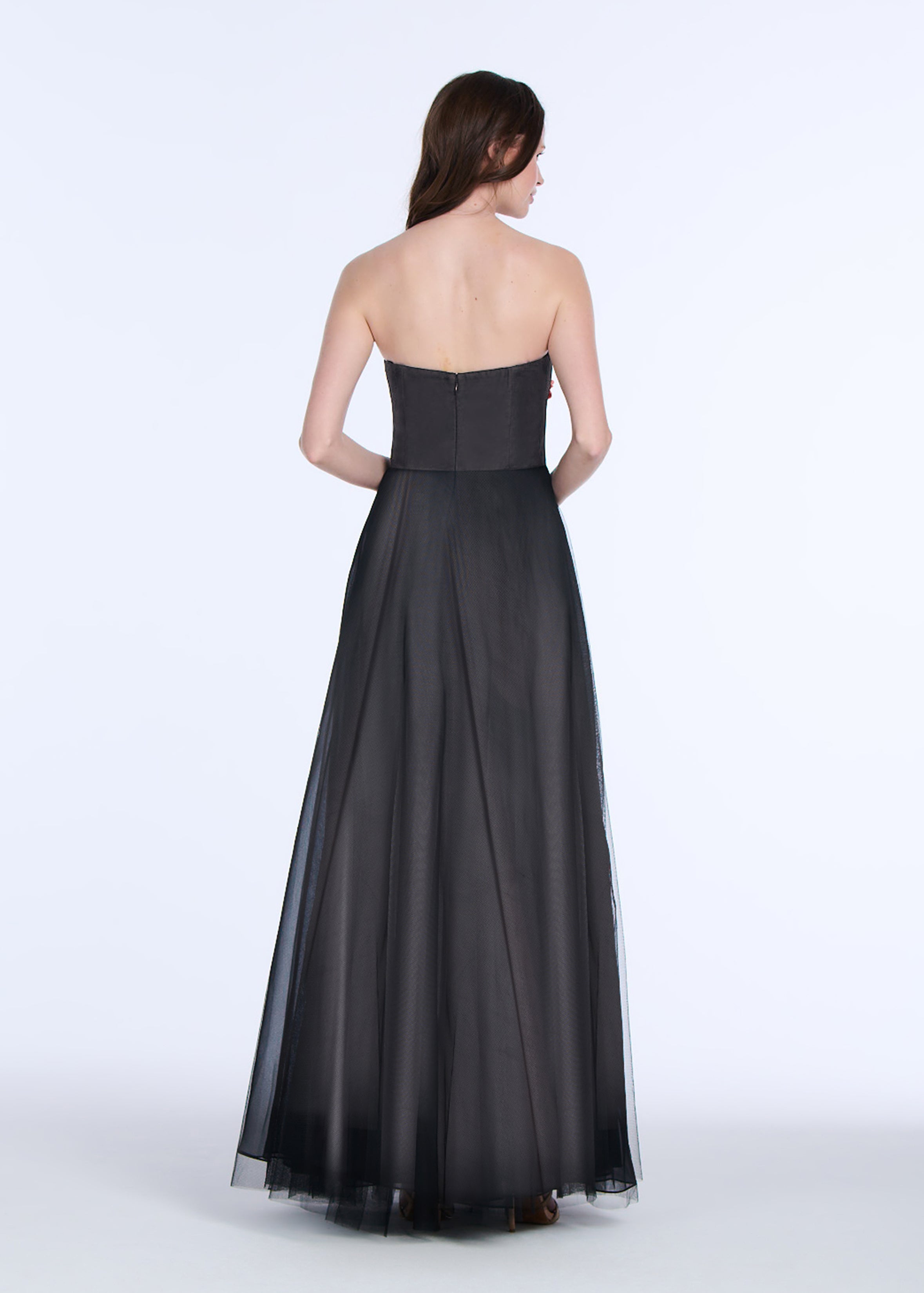 STRAPLESS TULLE GOWN WITH PAILETTE FLOWERS BLACK/BLUSH