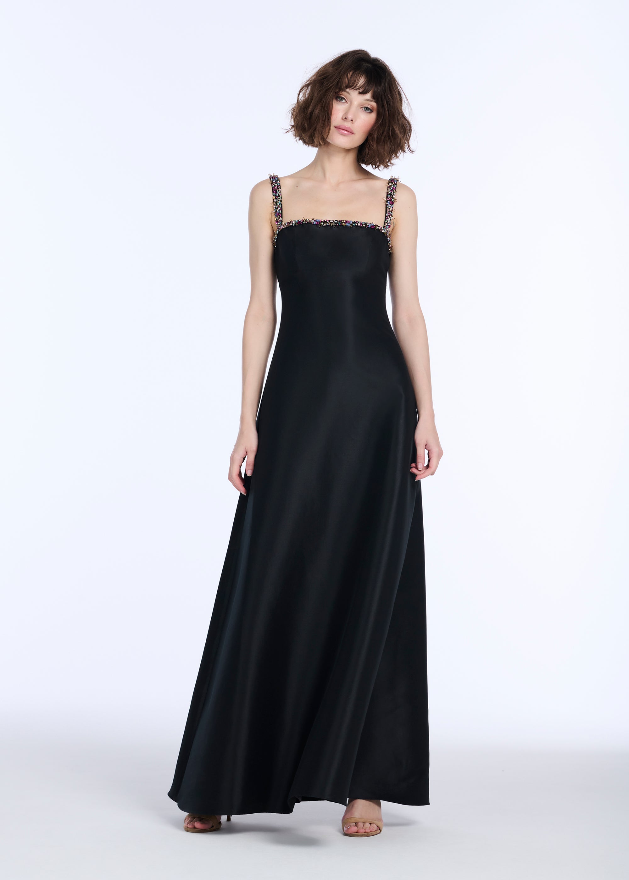 SQUARE NECK BEADED STRAP DUCHESS TWILL GOWN