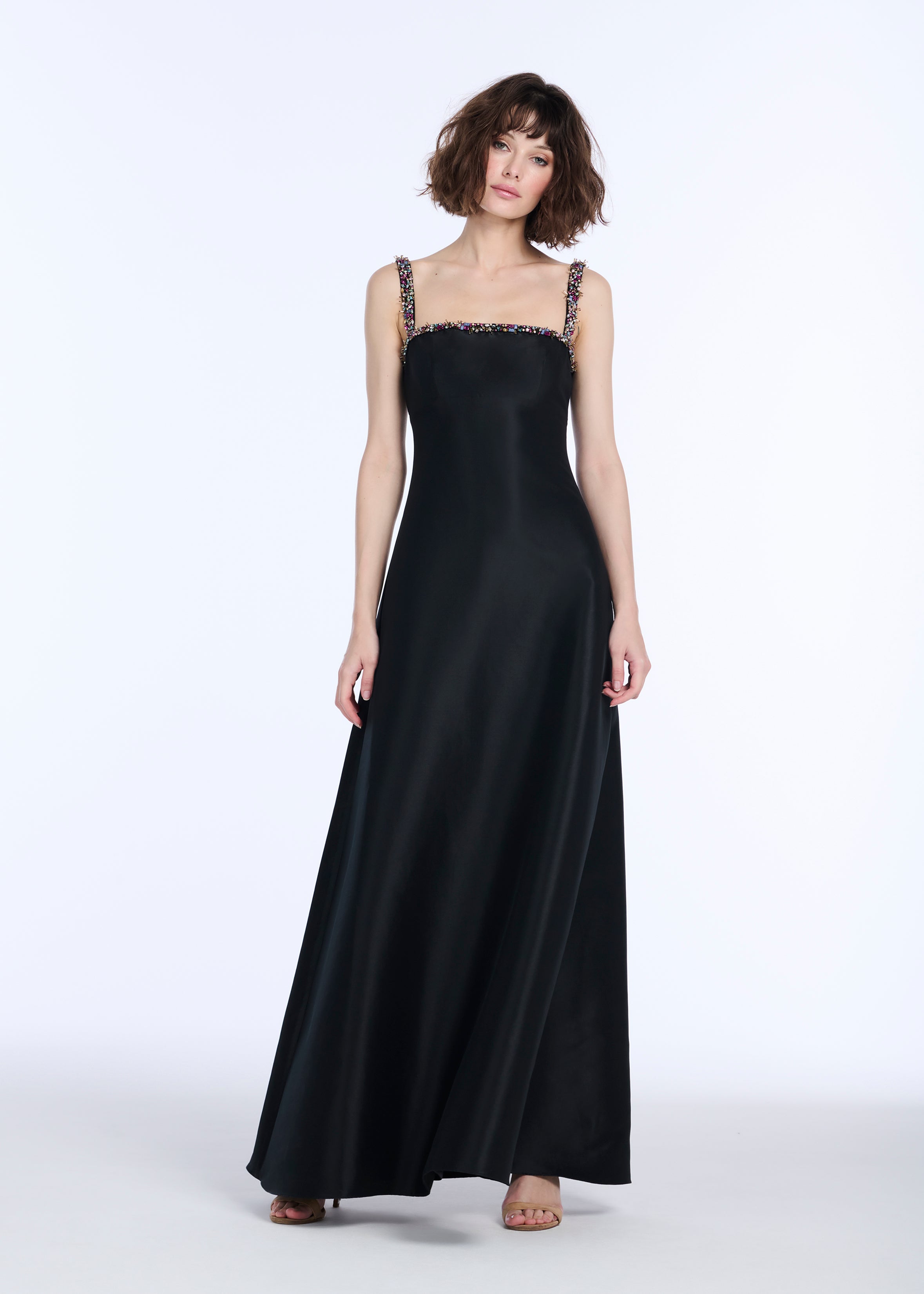 SQUARE NECK BEADED STRAP DUCHESS TWILL GOWN